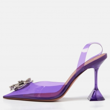 Pre Owned Amina Muaddi Purple PVC Begum Crystal Embellished Slingback Pumps Size 39.5