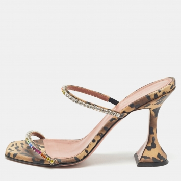 Pre Owned Amina Muaddi Brown/Black Leopard Print Satin Crystal Embellished Gilda Sandals Size 37.5