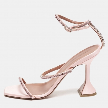 Pre Owned Amina Muaddi Pink Satin Crystal Embellished Gilda Sandals Size 38