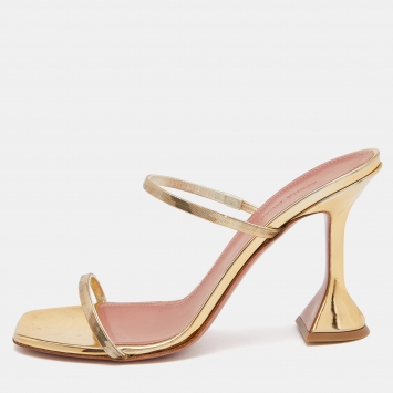 Pre Owned Amina Muaddi Metallic Gold Metal Gilda Slide Sandals Size 39.5