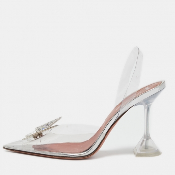 Pre Owned Amina Muaddi x AWGE Transparent PVC Crystal Embellished Phoenix Slingback Pumps Size 38
