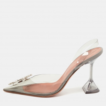 Pre Owned Amina Muaddi Grey PVC Begum Slingback Pumps Size 38