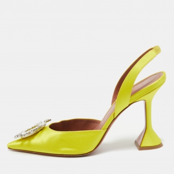 Pre Owned Amina Muaddi Yellow Satin Begum Slingback Pumps Size 39