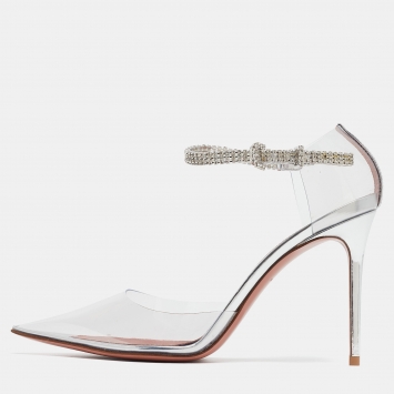 Pre Owned  Amina Muaddi Silver PVC and Patent Leather Ursina Pumps Size 38