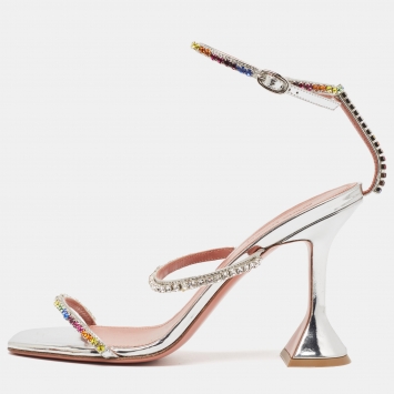Pre Owned Amina Muaddi Silver/Multicolor Leather Gilda Sandals Size 39