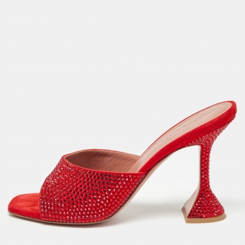 Pre Owned Amina Muaddi Red Crystal Embellished Suede Lupita Sandals Size 39