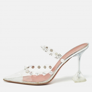 Pre Owned Amina Muaddi Transparent PVC Crystal Embellished Julia Mules Size 41