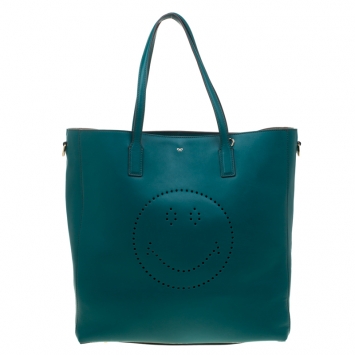 Pre Owned Anya Hindmarch Green Leather Smiley Ebury Shopper Tote