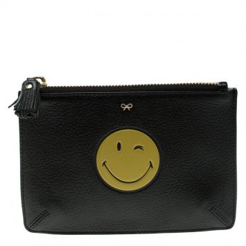 Pre Owned Anya Hindmarch Back Leather Wink Smiley Zip Top Pouch