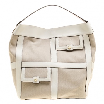 Pre Owned Anya Hindmarch Beige/Off White Fabric and Leather Hobo