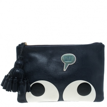 Pre Owned  Anya Hindmarch Navy Blue Leather Georgiana Big Eyes Clutch 