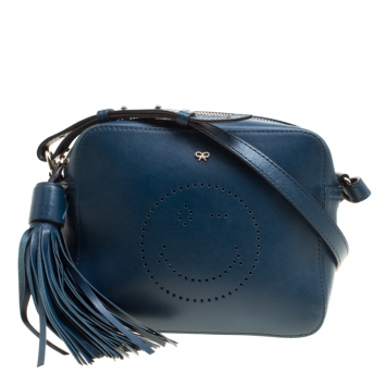 Pre Owned Anya Hindmarch Blue Leather Smiley Crossbody Bag