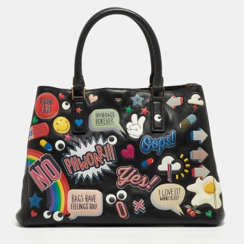 Pre Owned Anya Hindmarch Black Leather Ebury All Over Stickers Tote
