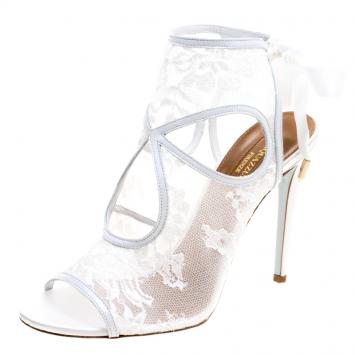 Pre Owned Aquazzura White Lace and Leather Sexy Thing Bridal Cut Out Sandals Size 38
