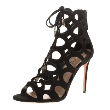 Pre Owned Aquazzura Black Cutout Suede Begum Open Toe Lace Up Booties Size 38