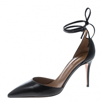 Pre Owned Aquazzura Black Leather Heart Breaker Ankle Strap Pumps Size 38.5