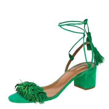Pre Owned Aquazzura Green Fringed Suede Wild Thing Ankle Wrap Block Heel Sandals Size 39
