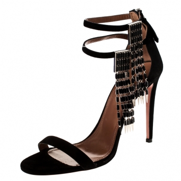 Pre Owned Aquazzura Black Suede Embellished Ankle Strap Sandals Size 38