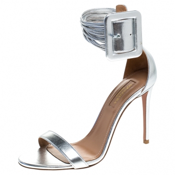 Pre Owned Aquazzura Silver Leather Casablanca Ankle Cuff Sandals Size 36.5