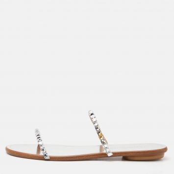 Pre Owned Aquazzura Silver Suede Crystal Embellished Flat Slide Size 36