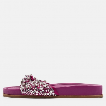 Pre Owned Aquazzura Magenta Satin Asja Crystals Slide Flats Size 40