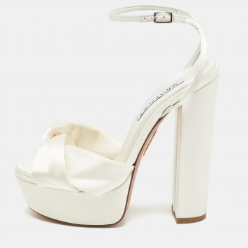 Pre Owned Aquazzura White Satin Bow Platform Ankle Strap Sandals Size 37