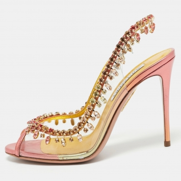 Aquazzura Metallic Orange Leather and PVC Crystal Temptation Slingback Sandals Size 38