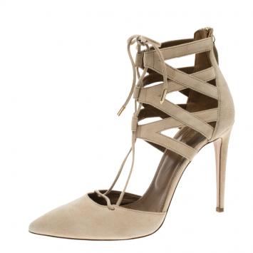 Pre Owned Aquazzura Beige Suede Belgravia Lace Up Pointed Toe Pumps Size 39