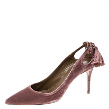 Pre Owned Aquazzura Antique Rose Velvet Forever Marilyn Fringe Bow Pointed Toe Pumps Size 38.5