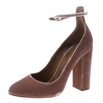 مملوكة مسبقًا Aquazzura Beige Velvet Alix Ankle Strap Block Heel Pumps Size 37