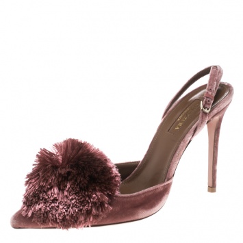 Pre Owned Aquazzura Pink Velvet Powder Puff  Pointed Toe Slingback Sandals Size 37.5