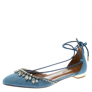 مملوكة مسبقًا Aquazzura Blue Light Wash Denim Alexa Crystal Embellished Ankle Tie D'orsay Flats Size 38
