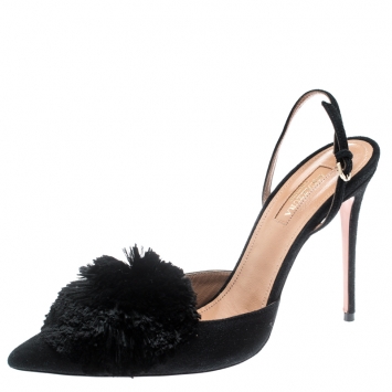 Pre Owned Aquazzura Black Suede Powder Puff Pointed Toe Slingback Sandals Size 37.5