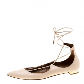 مملوكة مسبقًا Aquazzura Beige Leather Christy Lace Up Pointed Toe Flats Size 41