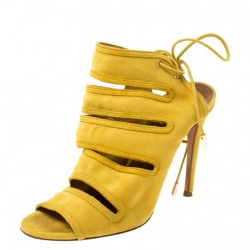 Pre Owned Aquazzura Mustard Suede Sloane Cutout Peep Toe Sandals Size 37