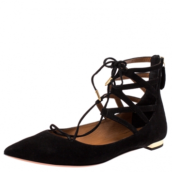 Pre Owned Aquazzura Black Suede Belgravia Ankle Wrap Flats Size 39