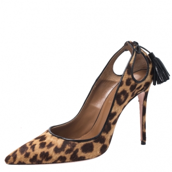 مملوكة مسبقًا Aquazzura Brown Leopard Print Calf Hair Forever Marilyn Cutout Tasseled Pointed Toe Pumps 37.5