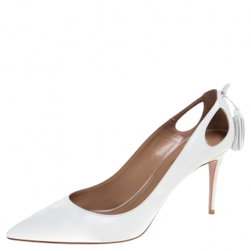 مملوكة مسبقًا Aquazzura White Leather Forever Marilyn 85 Cut Out Tassel Detail Pointed Toe Pumps Size 42