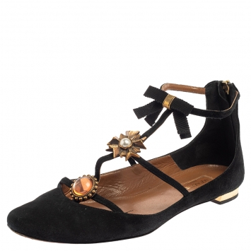 Pre Owned Aquazzura Black Suede Pandora Embellished Flat Sandals Size 36.5