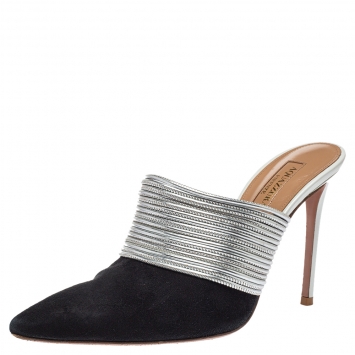 Pre Owned Aquazzura Black/Silver Suede and Leather Mules Sandals Size 36.5 