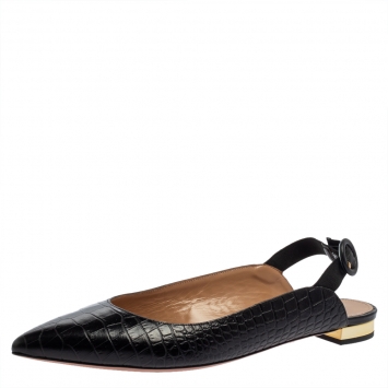 Pre Owned Aquazzura Black Croc Embossed Leather Slingback Sandals Size 40