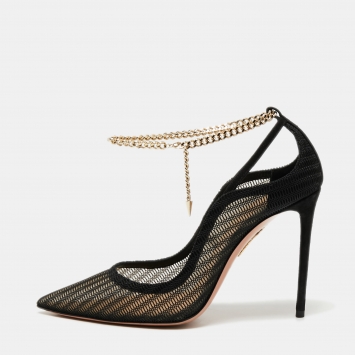 Pre Owned Aquazzura Black Mesh And Suede Bond Street Ankle Chain Pointed Toe Pumps Size 38