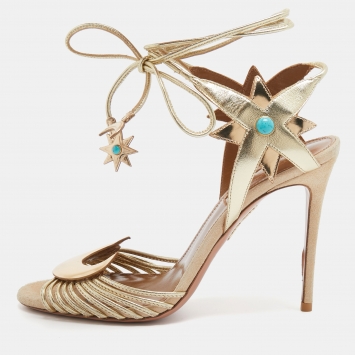 Pre Owned Aquazzura Metallic Gold Leather Midnight Ankle Wrap Sandals Size 38