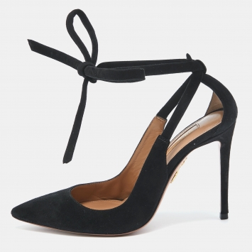 Pre Owned Aquazzura Black Suede Slingback Ankle Tie Pumps Size 35.5