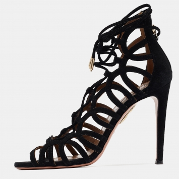 Pre Owned Aquazzura Black Suede Strappy Sandals Size 37