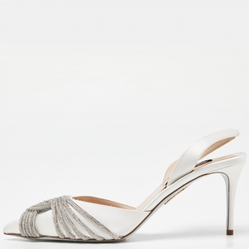 Pre Owned Aquazzura White Satin Crystal Embellished Slingback Pumps Size 38