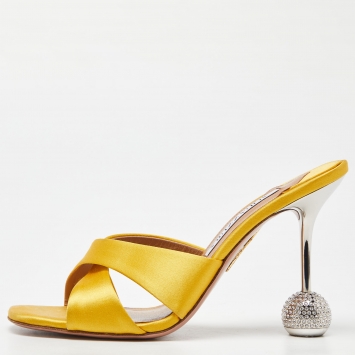 Pre Owned Aquazzura Yellow Satin Yes Darling Slide Sandals Size 37