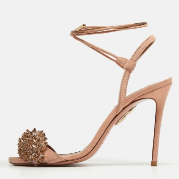 Pre Owned Aquazzura Pink Suede Crystal Embellished Monaco Sandals Size 36
