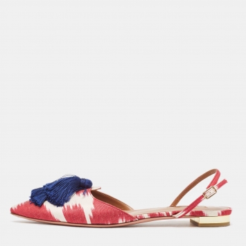 Pre Owned Aquazzura Burgundy/White Canvas Fringe Detail Slingback  Flats Size 38