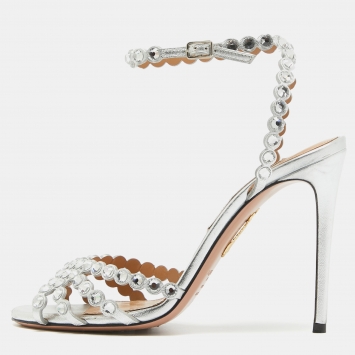 Pre Owned Aquazzura Silver Leather Crystal Embellished Ankle Wrap Sandals Size 37